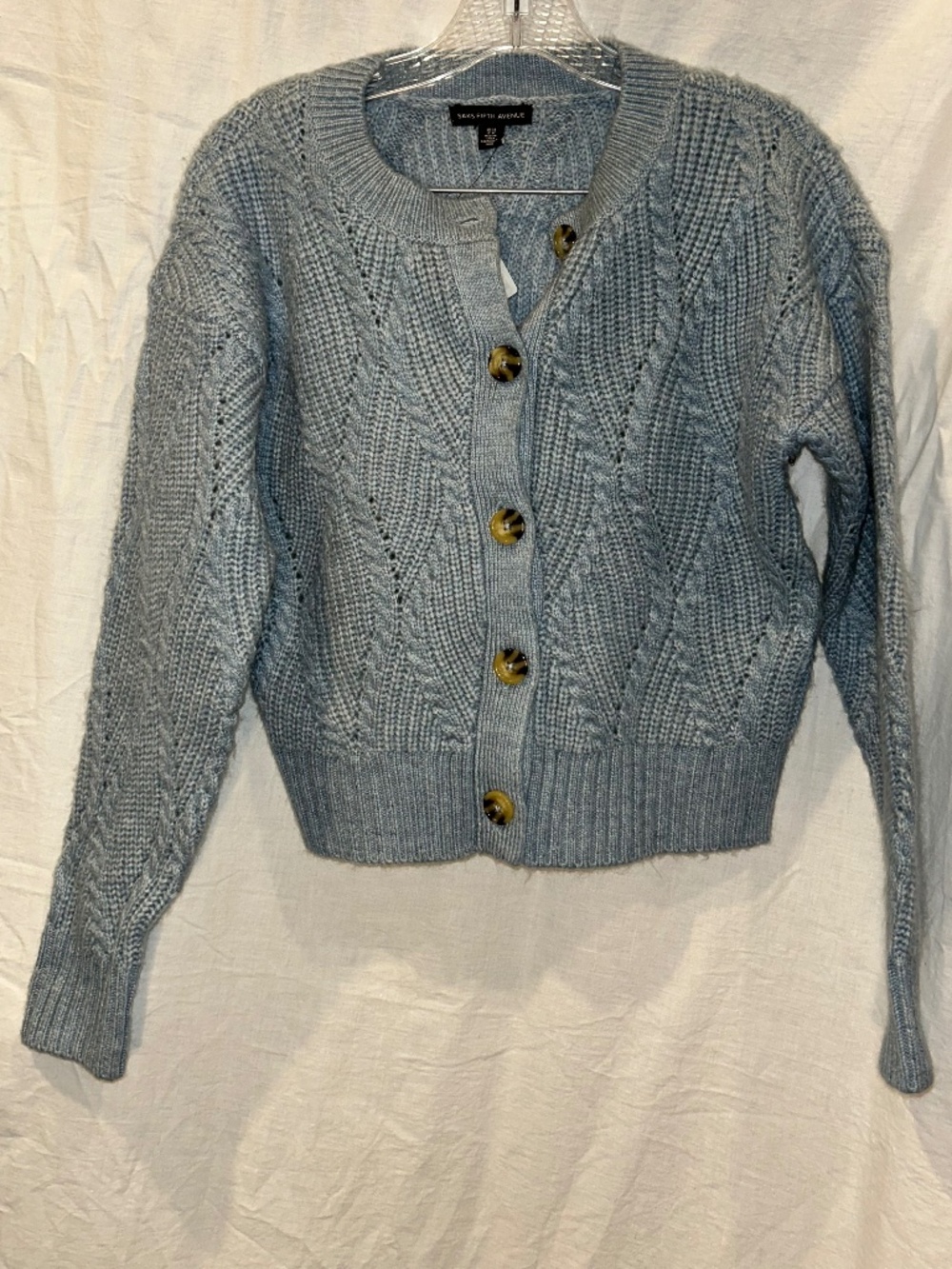 Saks Fifth Avenue Black Label NEW NWT light blue cable knit cardigan sweater S